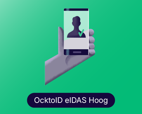 Illustratie van hand met smartphone en tekst OcktoID eIDAS Hoog
