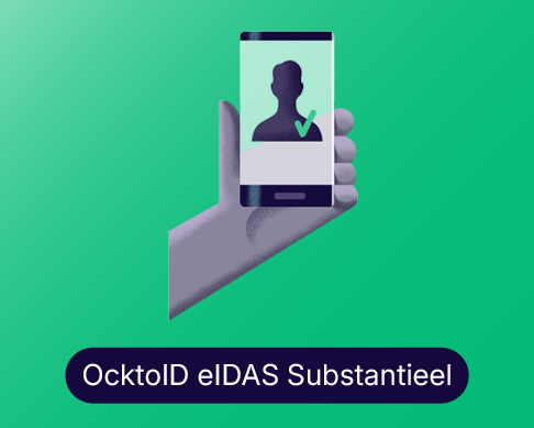 Illustratie van hand met smartphone en tekst OcktoID eIDAS Substantieel