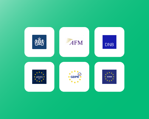 Overzicht logos GDPR, AFM, DNB, eIDAS, DORA, Rijksoverheid